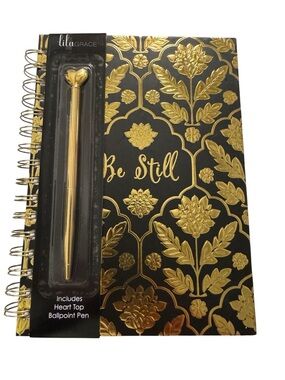 Lila Grace "Be Still" Black & Gold Floral Spiral Notebook with Gold Heart Pen